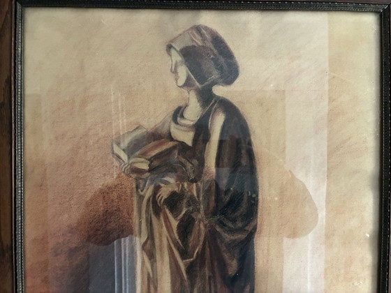 Sepia pastel drawing of a saint figure, dated 1930, oak frame, Paintings & Drawings, Wood, Glass, Brown (photo 2 of 5)