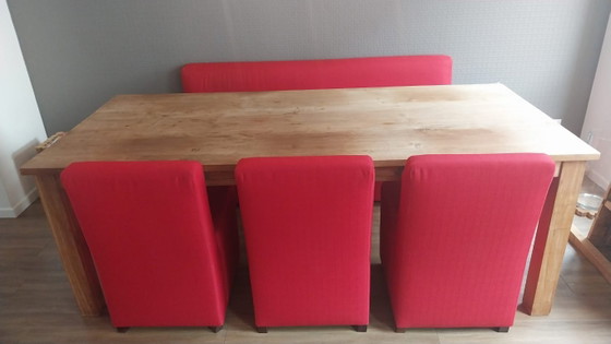 Mesa de comedor robusta de teca (220x100x79 cm) Incluye banco (180x63x84 cm) y sillas (50x63x84 cm) (photo 2 of 10)