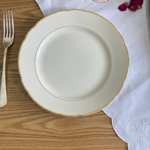 6 platos llanos antiguos de loza beige con ribete dorado de Villeroy & Boch