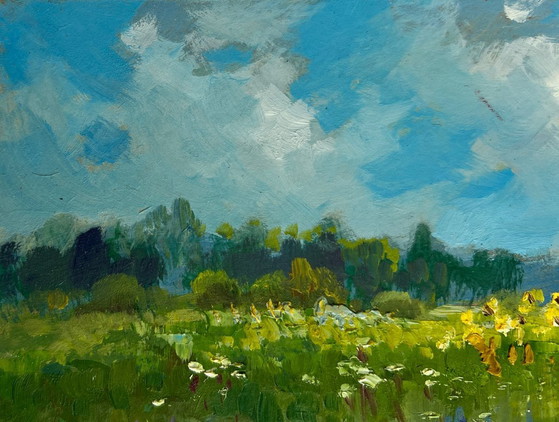 Image 1 of Original Oil Painting Flowers Field Landscape Sunflower fields