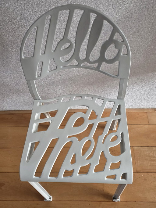 2 white aluminum "Hello There" chairs designed in 1978 by Jeremy Harvey