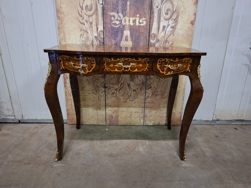 Antiker Schreibtisch im Barockstil, Konsolentisch für Damen, Schminktisch mit Intarsien, Maße: 98 x 54 cm und 79 cm hoch.