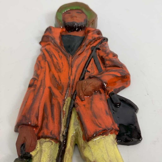 Terracotta wall decoration of a fisherman by Kany, Yellow, Mid Century Modern (photo 5 of 14)