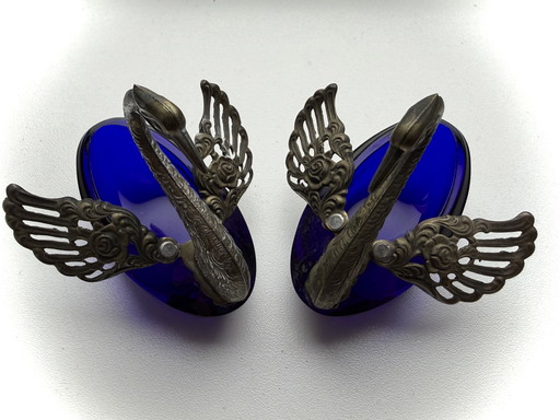 Zout & Specerijenhouder - zilver 800 - kobalt kristal - 1940/1950