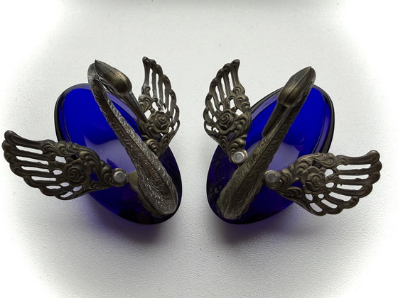 Image 1 of Zout & Specerijenhouder - zilver 800 - kobalt kristal - 1940/1950