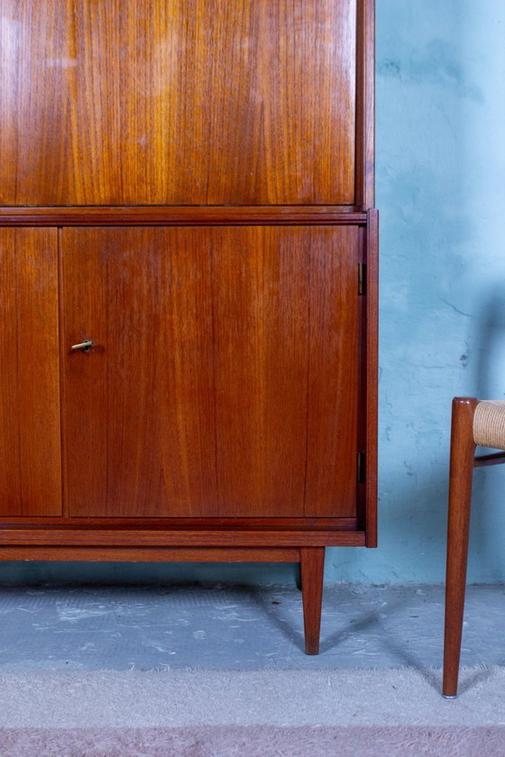 Image 1 of Vintage teakhouten secretaire, hoge kast, dressoir, dressoir, midden 20e eeuw