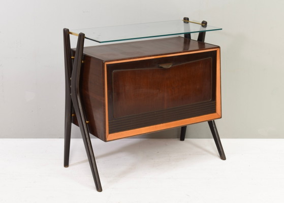 Meuble bar / Meuble à cocktails attribué à Vittorio Dassi - Italie, années 1950, Métal, Verre, Marron (photo 3 sur 16)