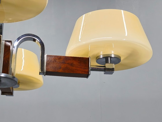 Image 1 of Art Deco kroonluchter van chroom, hout en glas, Tsjechoslowakije