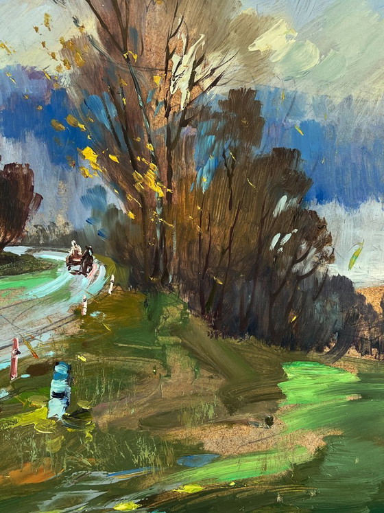 Image 1 of Peinture à l'huile originale représentant un paysage naturel, une route et un temps d'automne en forêt.