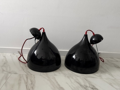 Set di 2 lampade vintage FUNiture 3102-01B – Nero lucido con cavo rosso – hanglampen, Metal, Textile