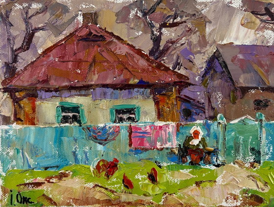 Image 1 of Original Oil Painting Autumn Village Landscape Yard in Sunset Light