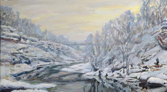 Origineel Olieverfschilderij Natuur Landschap Sneeuw Winter aan de Rivier – Schilderijen & Tekeningen, Canvas (photo 2 of 5)