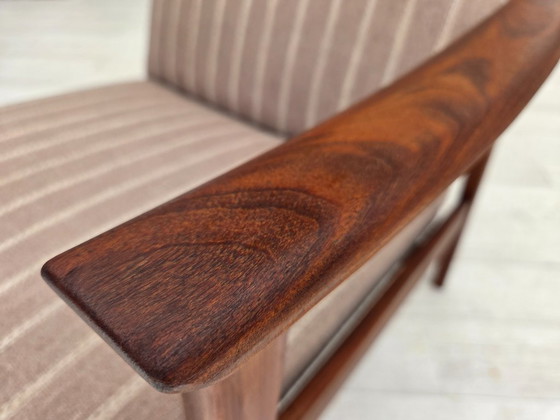 Image 1 of Poltrona danese con schienale alto, anni '70, lana per mobili, legno di teak, originale.
