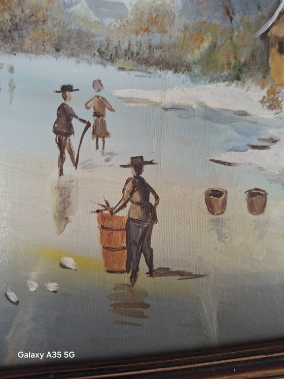 Image 1 of Oud olieverfschilderij, winterlandschap / schaatsers, gesigneerd Hoffmann, met lijst.
