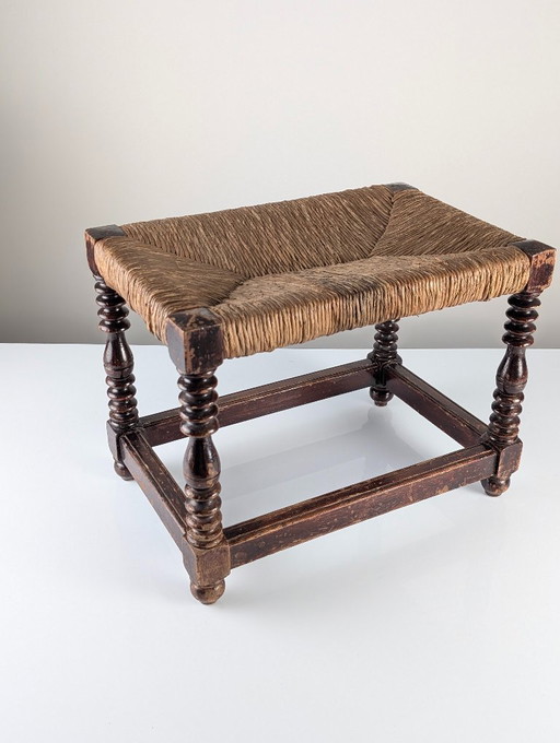 Spanish Provincial Bobbin-Turned Rush Bench, 1940s