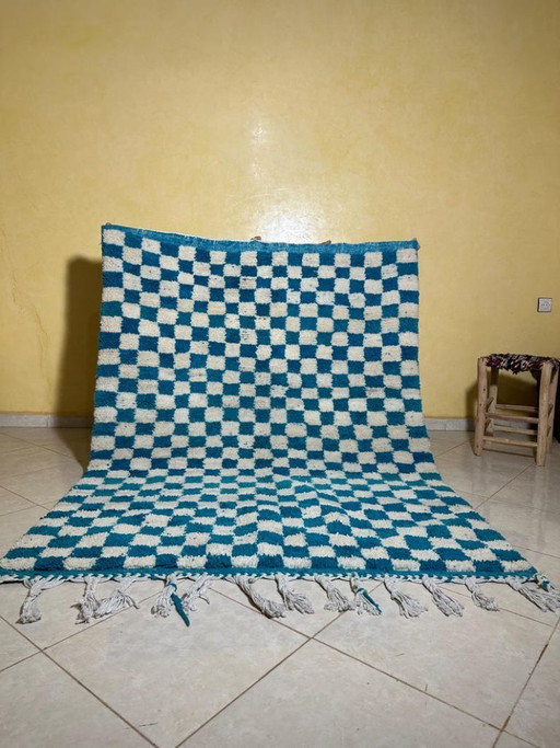 Tapis marocain moderne à carreaux bleus et crème 300 x 200 cm – Dimensions sur mesure