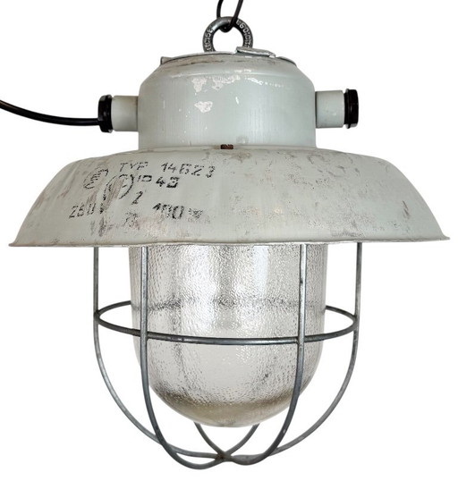 Lámpara colgante industrial de aluminio gris con jaula y cristal esmerilado, años 70