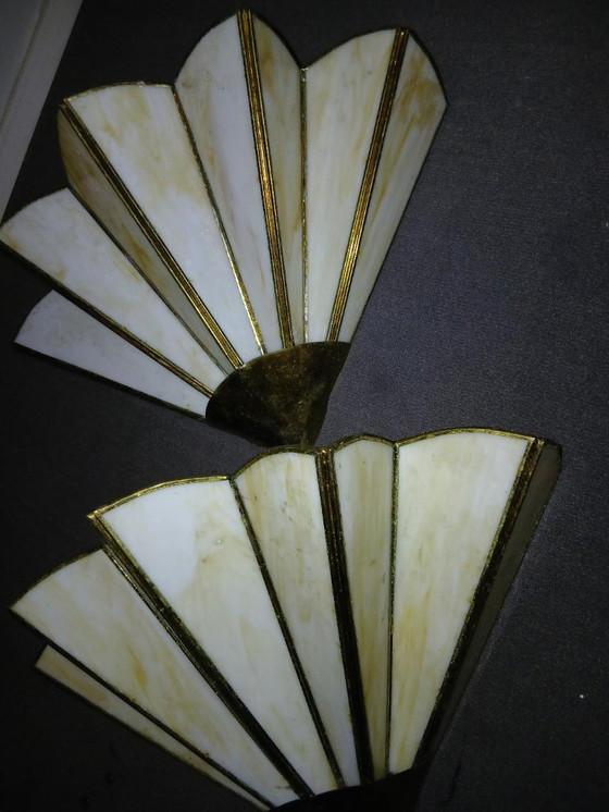 Image 1 of 2 TIFFANY-STYLE ART DECO FAN-SHAPED WALL LIGHTS IN VINTAGE GLASS PASTE