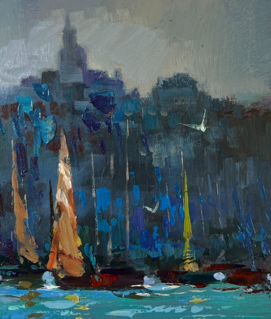 Image 1 of Original Oil Painting Gloomy City Landscape Fishermen greet the dawn at sea