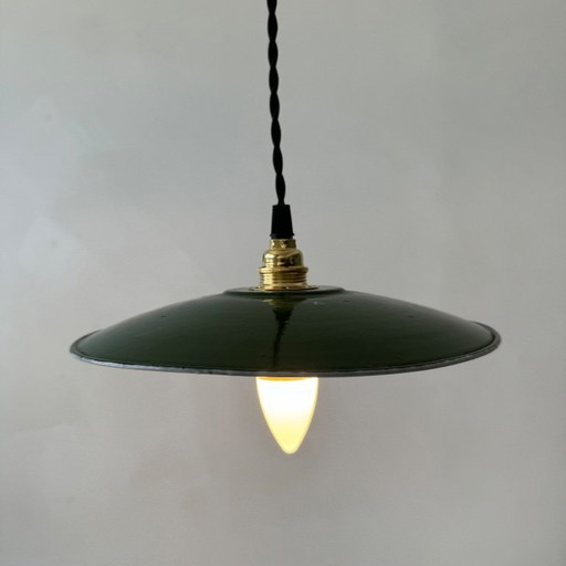 Lámpara colgante industrial vintage de taller esmaltada en verde, 24 cm