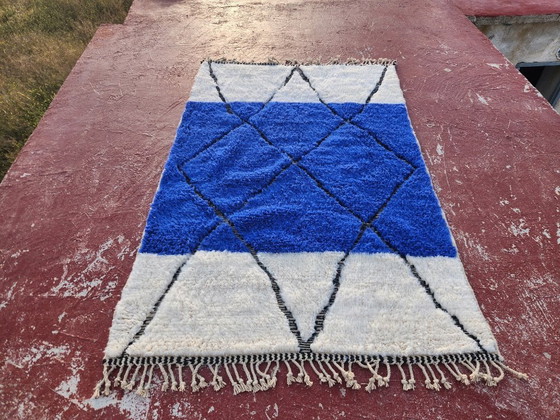 Image 1 of Blue Beni Ourain Rug 250x150 cm – Handmade Moroccan Wool Rug – Berber Diamond Carpet – Modern Boho Area Rug