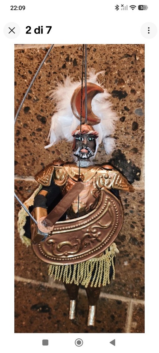 Vintage Puppet Puppet, 40cm, Brass Armor, Ceremonial – decoratieve objecten, Metal, Textile (photo 2 of 7)