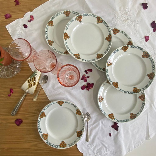 6 antieke ijzerstenen dessertborden van Moulin des Loups en Hamage, meidoornmotief