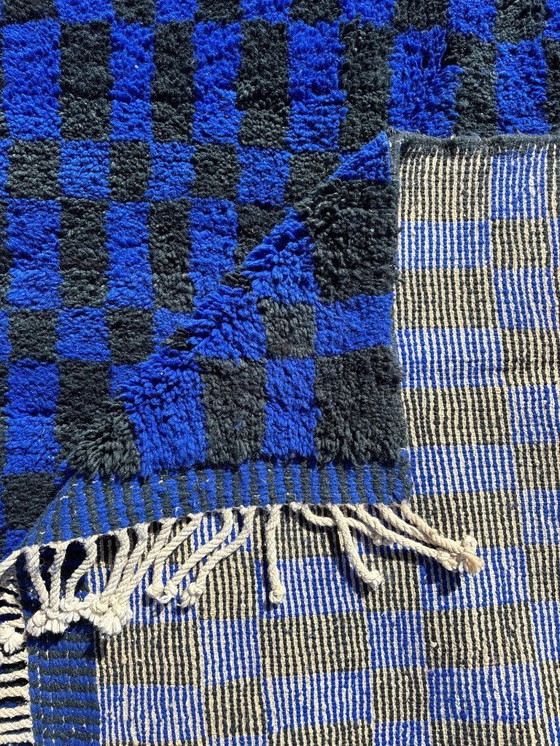 Image 1 of Handmade Moroccan Rug – Black & Blue Checkered Wool Carpet | Geometric Checkerboard Area Rug | Boho Vintage Style Home Decor