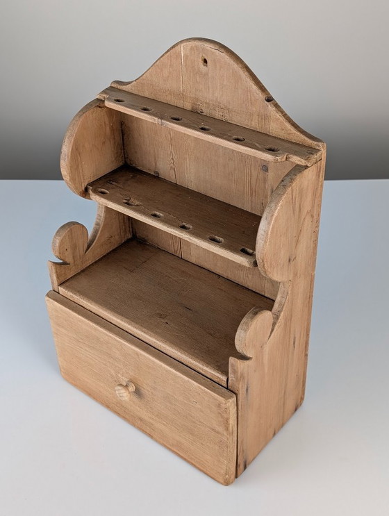 Image 1 of Hand-Carved Folk Art Pine Cutlery Rack with Drawer, 1950s