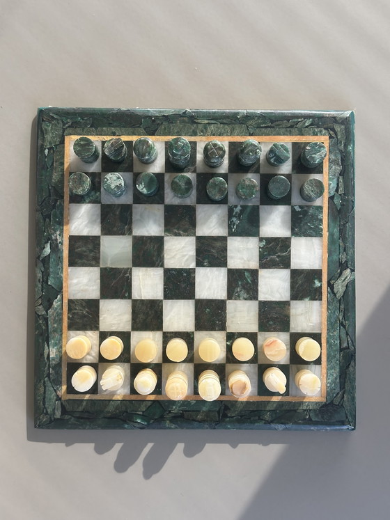 Image 1 of Vintage Marble Chess Set Malachite Natural Stone Onyx Green Chessboard