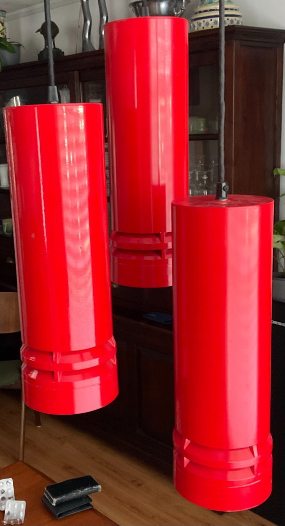 Image 1 of 3 lampade a sospensione rosse - "Pipeline P10" Design: Ole Pless Jorgensen