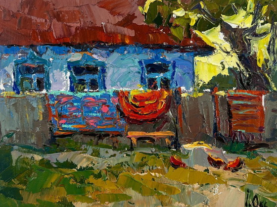 Image 1 of Peinture à l'huile originale, paysage de village d'été. Le soir est arrivé.
