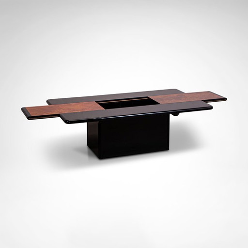 Black lacquered and burl wood coffee table with bar France 1980s