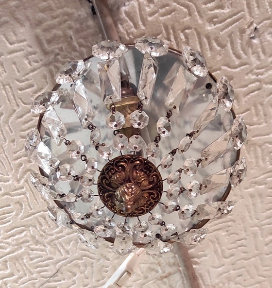 Image 1 of Lampada da soffitto Art Déco in ottone e pendenti in vetro - metà del XX secolo