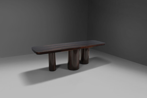 Excepcional consola/bifurcador de ambientes de madera de zebrano/cebrano, fabricado en Italia, década de 1970