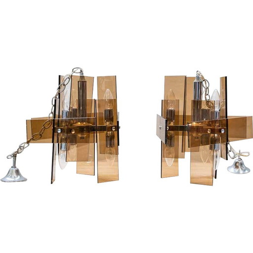 Pair of vintage orange glass pendant lamps