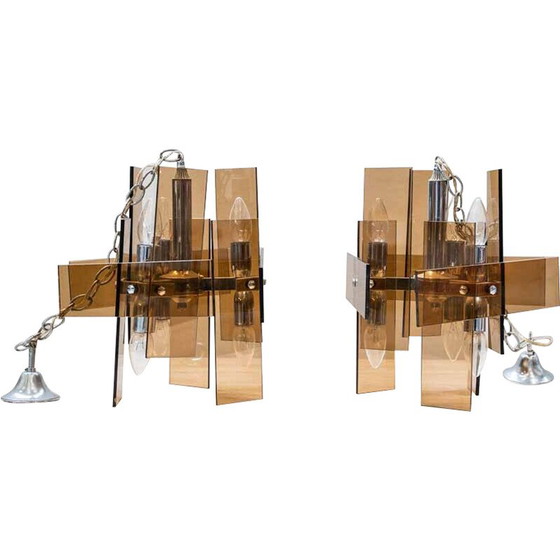 Image 1 of Pair of vintage orange glass pendant lamps