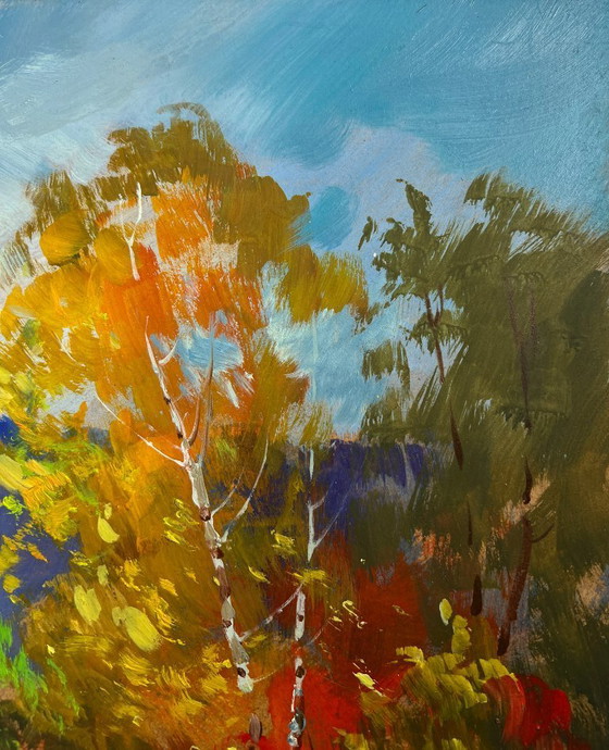 Image 1 of Pintura al óleo original Paisaje de bosque otoñal Escalones en un prado otoñal