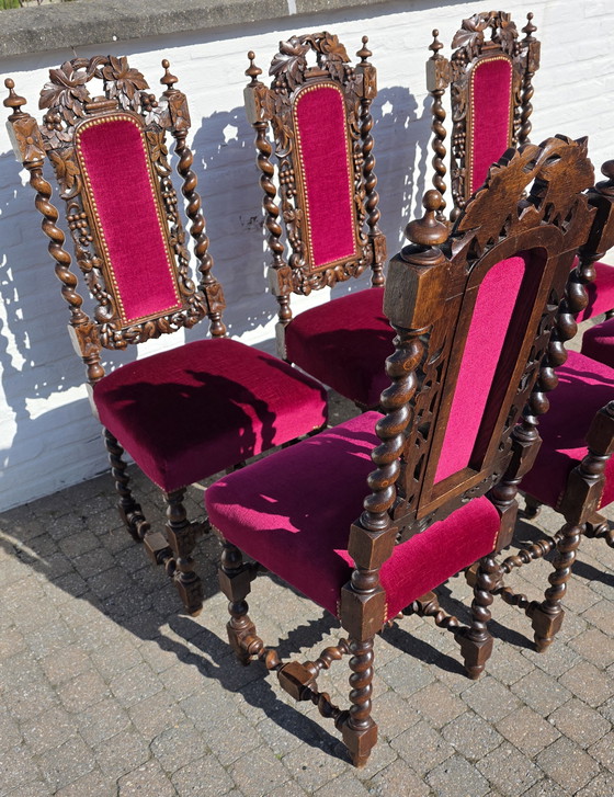 Image 1 of Splendido set di 6 sedie antiche neorinascimentali (stile Mechelen) - Ricche intagliature e velluto