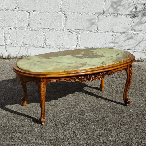 Französischer Vintage-Couchtisch aus Onyx und Kirschholz – Großer Marmor-Loungetisch – Stil Louis XV – 70er Jahre