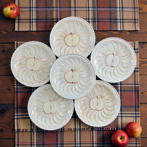 6 vintage earthenware plates with trompe l'oeil apple tart