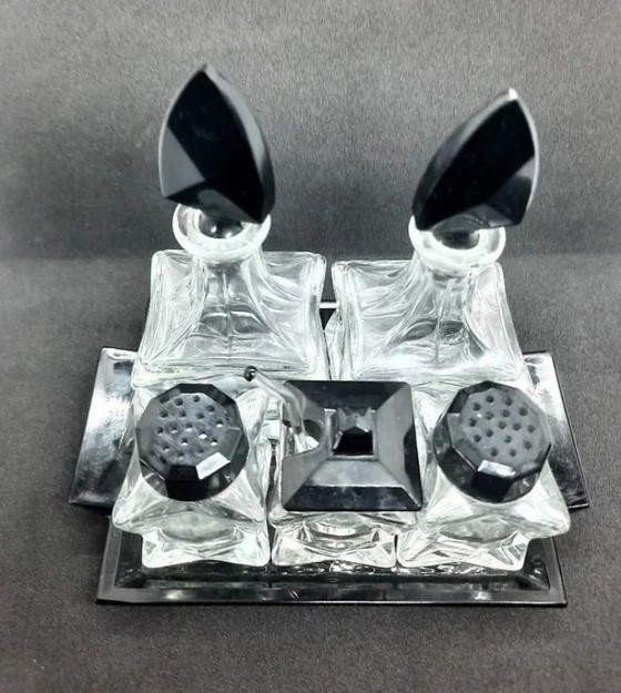 Image 1 of Juego de vinagreras Art Déco de lujo de 6 piezas: pimienta, sal, vinagre, aceite y mostaza