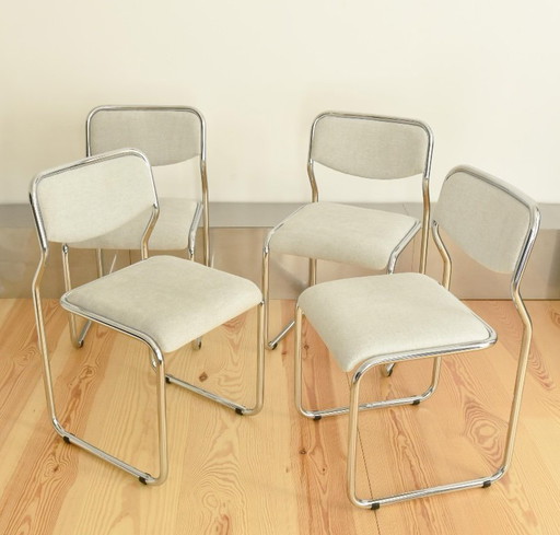 Chrome VINTAGE tubular steel fabric dining chair cantilever Bauhaus Modernist 70s