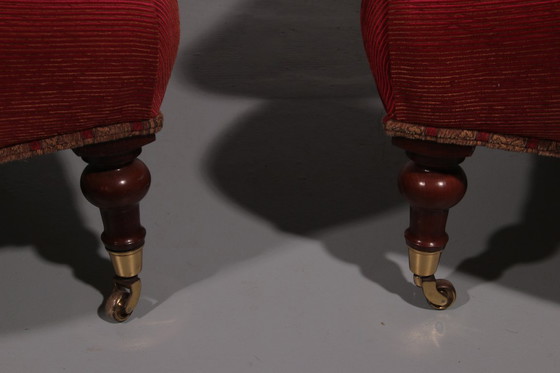Image 1 of Pair of French Red fabric Button Back Armchairs 