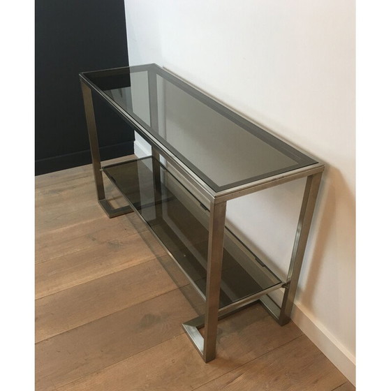 Image 1 of Vintage Console in Brushed Steel and Smoked Glass Trays 1970