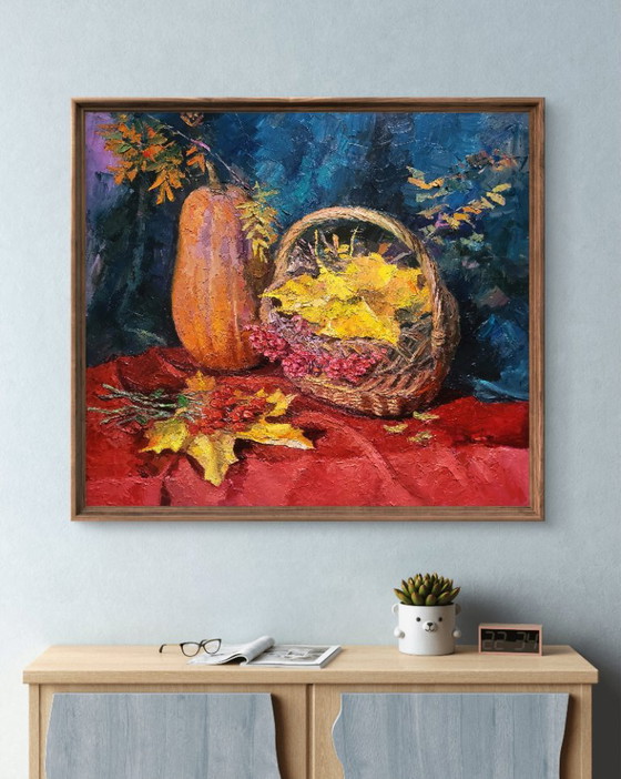 Original Oil Painting Autumn Harvest Still Life with Pumpkin – Paintings & Drawings, Canvas (photo 3 of 7)