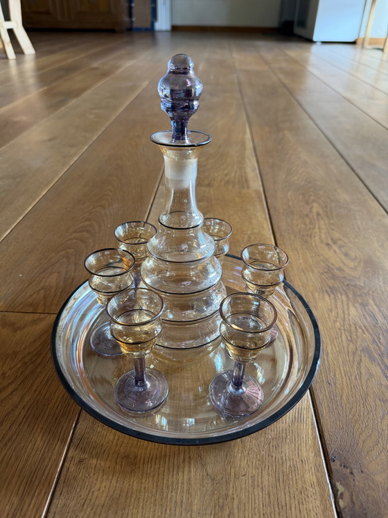 Image 1 of Vintage likeurset, retro karaf met glaasjes en dienblad kom