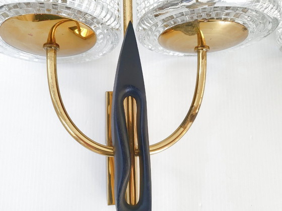 Image 1 of PAIR OF VINTAGE 1950S WALL LIGHTS MAISON ARLUS DLG FELIX AGOSTINI BRASS STEEL GLASS