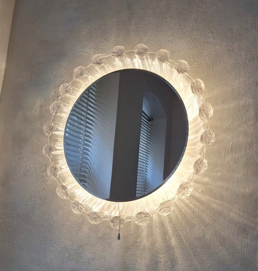 Large Melted Ice Acrylic Glass Illuminated Circular Beveled Wall Mirror, 1970s