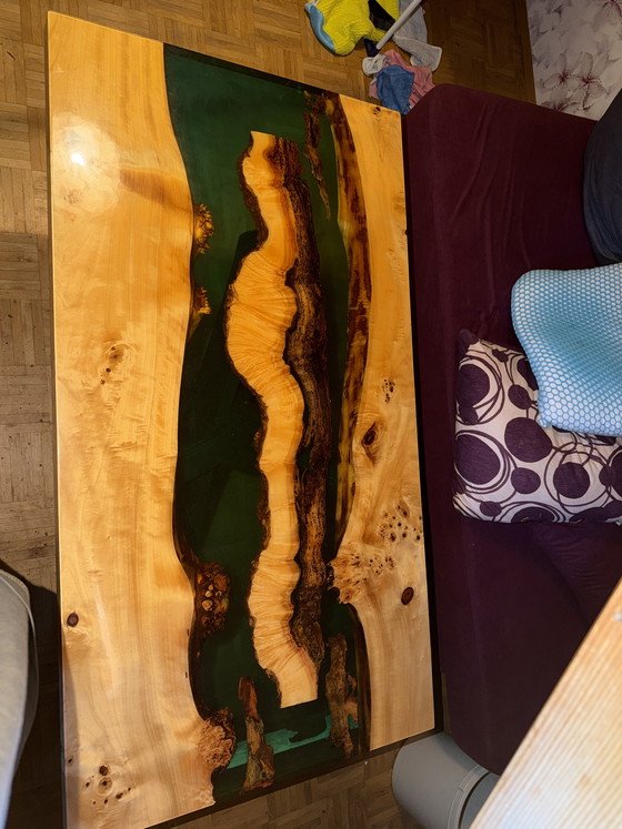Image 1 of One-of-a-Kind River Table with Deep Emerald Green Resin
